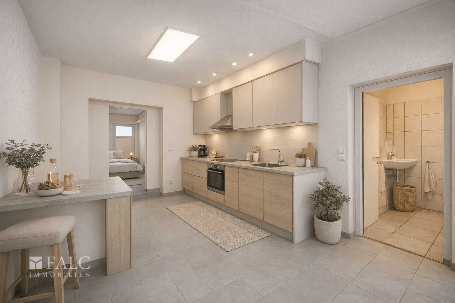 Ladenlokal links als Wohneinheit Küche (virtuell eingerichtet)